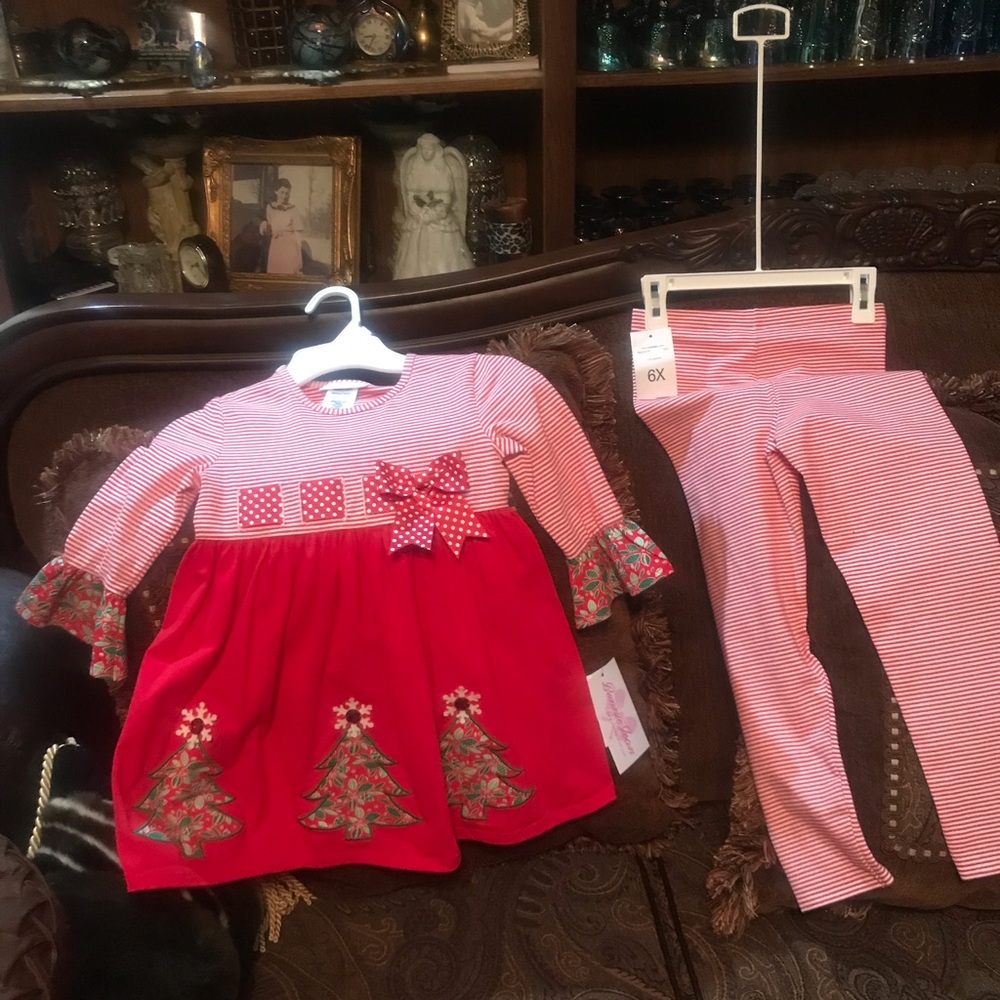 Christmas. BONNIE JEAN NEW 2 Peace Holiday Outfit Size 6X Tree & Rhinestone Trim